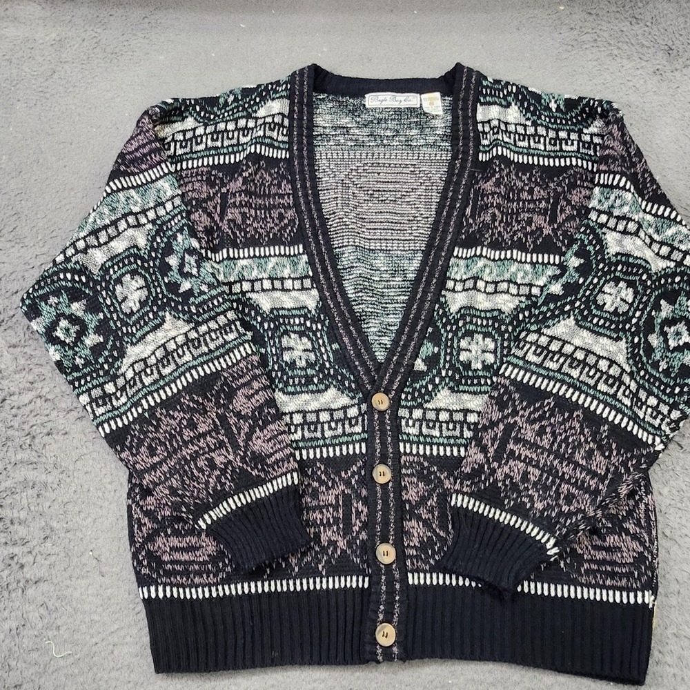Vintage Bugle Boy Co Sweater Mens XL Black Knit Fair Isle Button Cardigan 90s